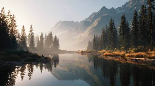 Tranquil Alpine Lake at Dawn with Pine Forest and Mountains - HD Wallpaper, 4k Background Image