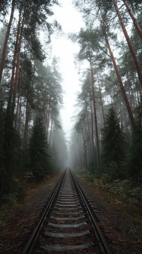 Misty Forest Rail Tracks: Serene Pines Shrouded in Fog - HD Wallpaper, 4k Background Image