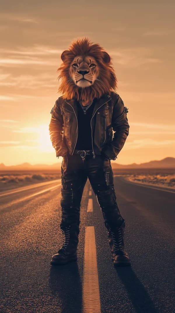 Desert Sunset Lion Warrior in Leather Jacket on Open Road - HD Wallpaper, 4k Background Image