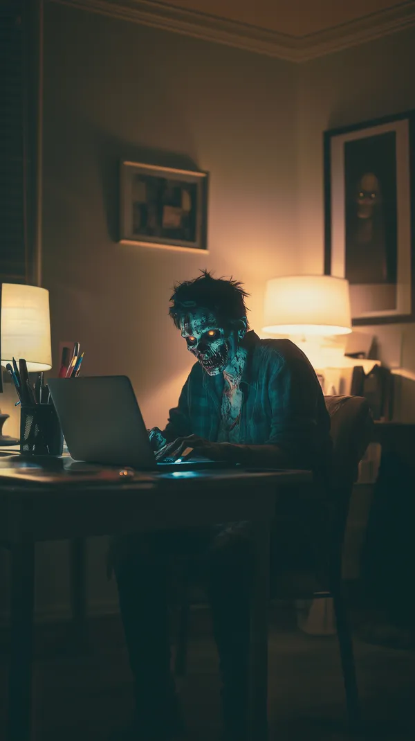 Midnight zombie at a desk with eerie laptop glow and dread - HD Wallpaper, 4k Background Image