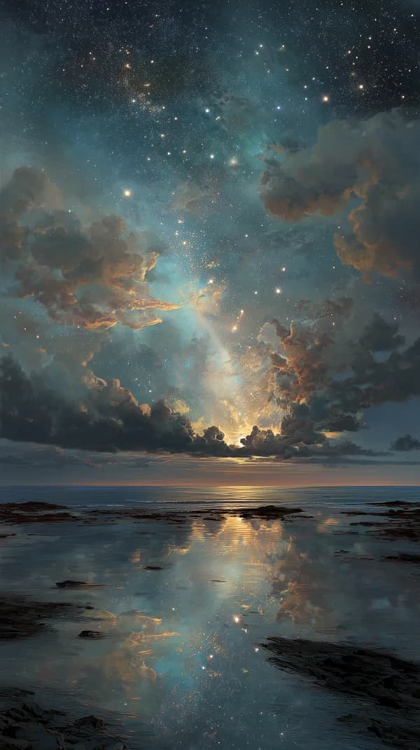 Dreamy Night Sky Over a Serene Sea with Stars and Clouds - HD Wallpaper, 4k Background Image