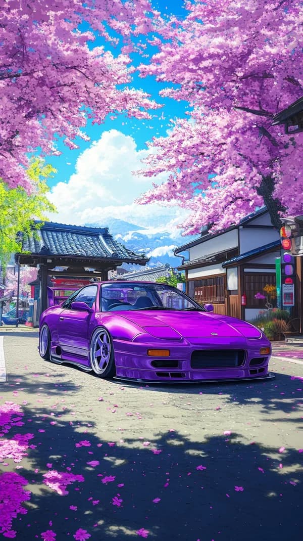 Vibrant Purple Sports Car Under Cherry Blossom Alley - HD Wallpaper, 4k Background Image