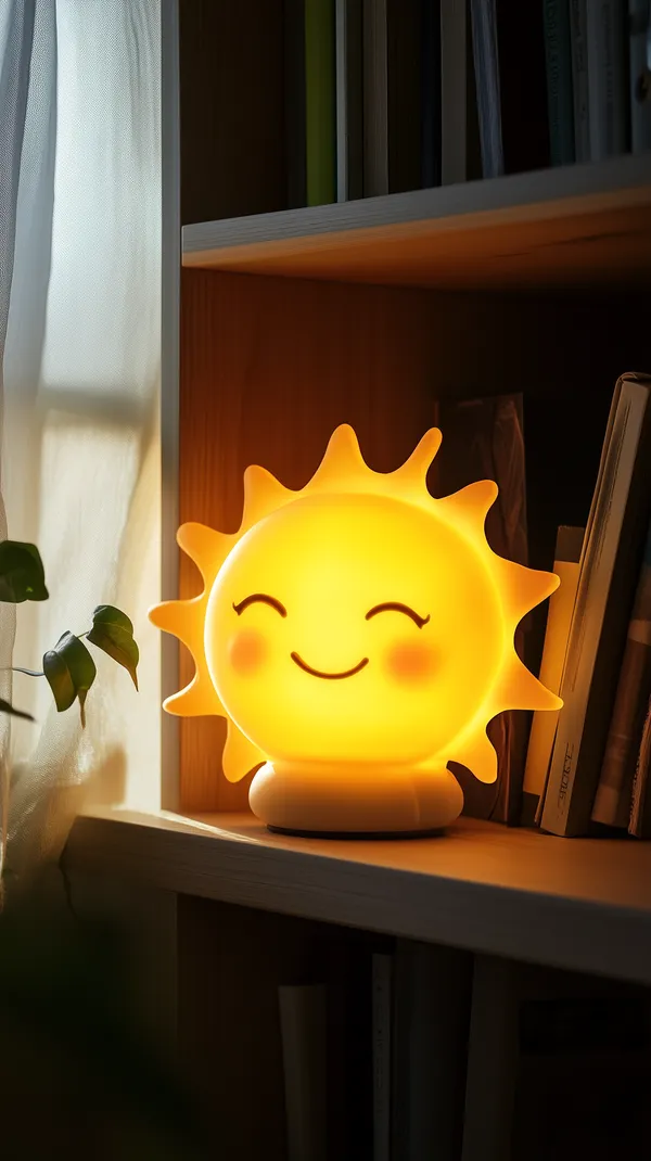 Cozy Sun-Shaped Smile Lamp on Bookshelf — Warm Glow wallpaper - HD Wallpaper, 4k Background Image