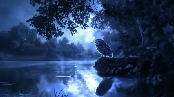 Moonlit Night Owl by Serene Lake - Blue Dreamy Wallpaper - HD Wallpaper, 4k Background Image