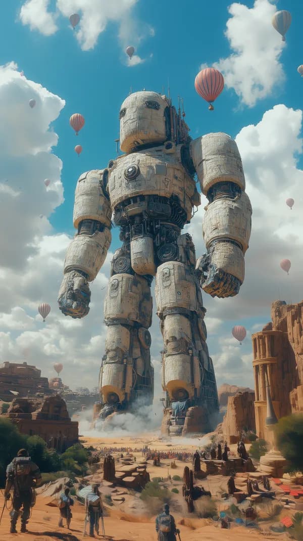 Epic Giant Mecha in Desert Dawn with Floating Balloons - Sci-Fi - HD Wallpaper, 4k Background Image