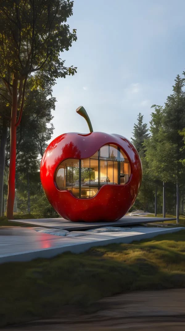 Red fruit-shaped house with glass walls in forest landscape - HD Wallpaper, 4k Background Image