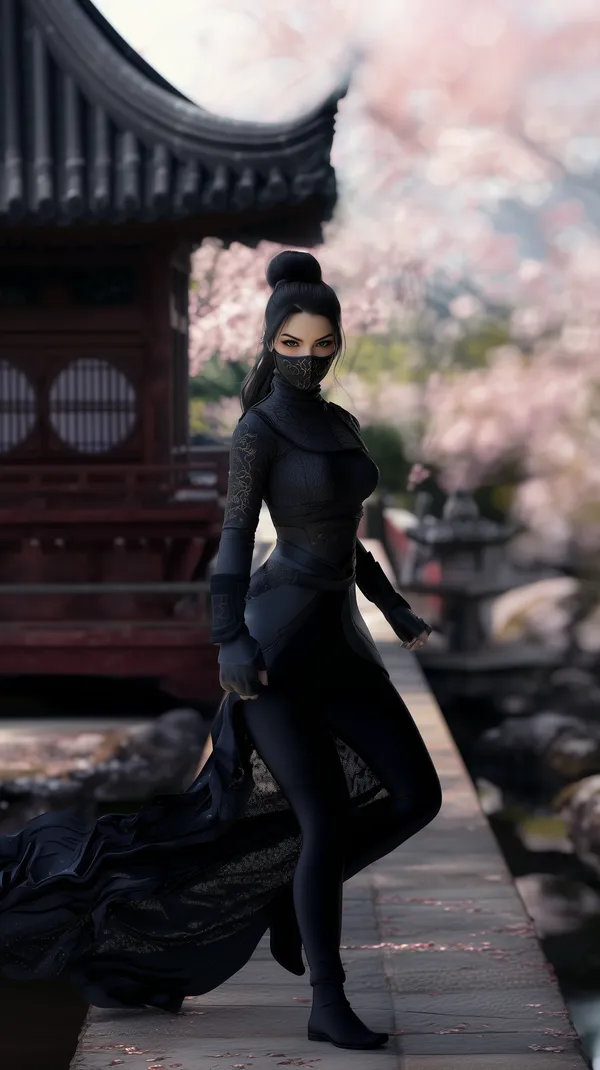 Dark Ninja Warrior in Velvet Cloak Amid Cherry Blossoms - HD Wallpaper, 4k Background Image