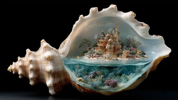 Surreal Seashell Diorama: Fantasy Island Inside a Shell - HD Wallpaper, 4k Background Image