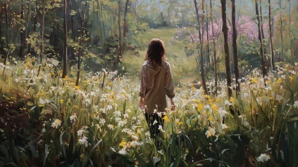 Tranquil woodland meadow with a lone figure in warm light - HD Wallpaper, 4k Background Image