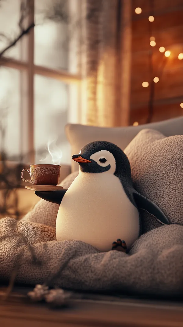 Cozy Penguin Plush Sipping Tea by Warm Fireplace Glow - HD Wallpaper, 4k Background Image