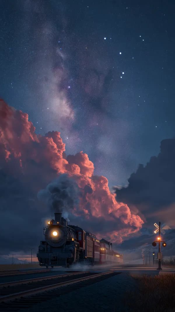 Starry Night Steam Train Under the Milky Way Clouds - HD Wallpaper, 4k Background Image