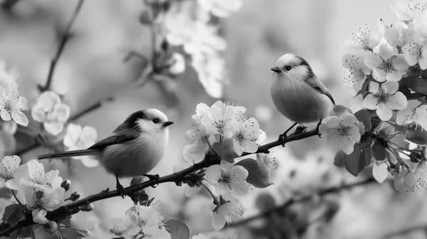 Monochrome garden scene featuring two small birds on blossoms - HD Wallpaper, 4k Background Image