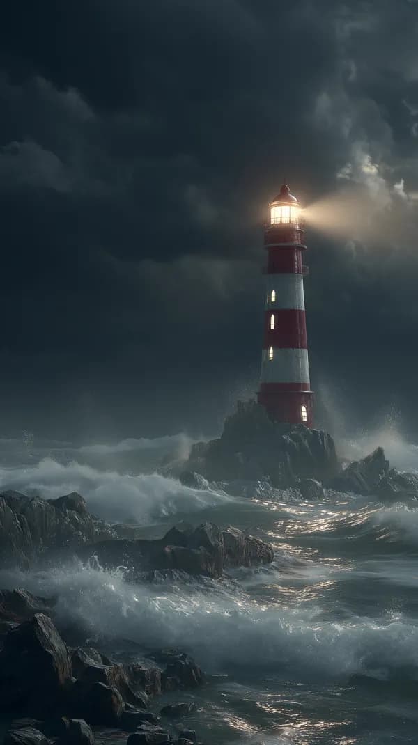 Stormy Seascape Lighthouse at Night with Glowing Beacon - HD Wallpaper, 4k Background Image