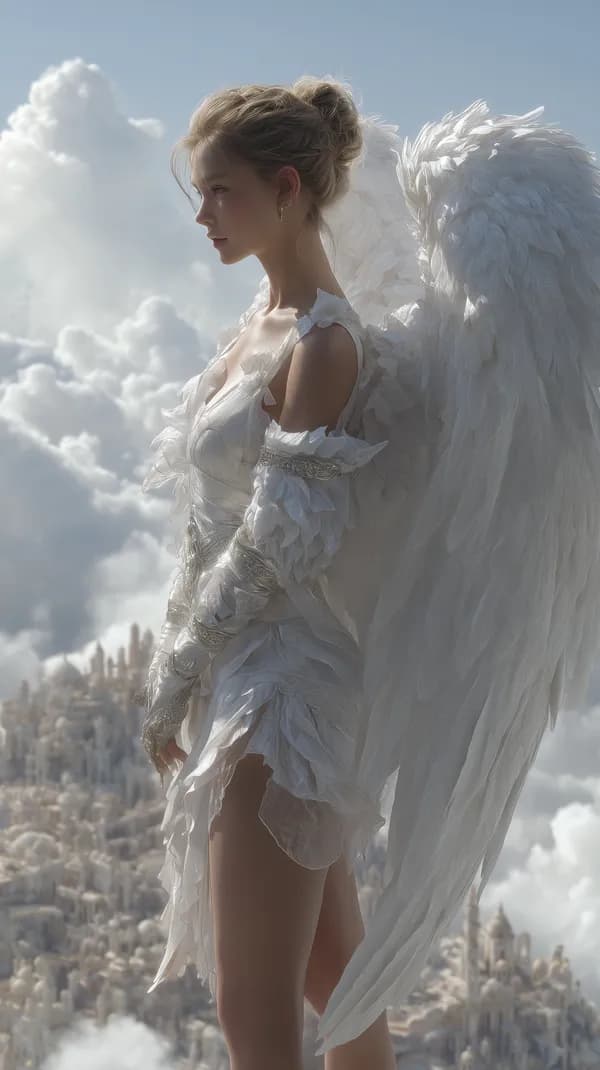 Celestial Winged Being in White Dress Over Cloud City Wallpaper - HD Wallpaper, 4k Background Image