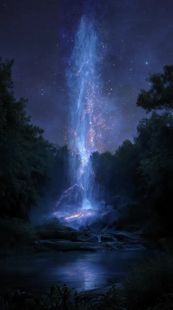 Mystical Night Waterfall Beam Over Starry Forest Sky - HD Wallpaper, 4k Background Image