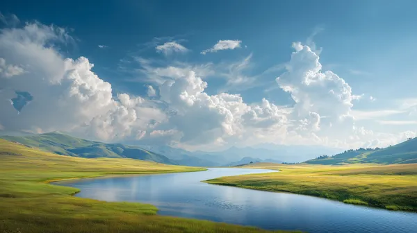 Tranquil River Valley Landscape with Rolling Green Hills - HD Wallpaper, 4k Background Image