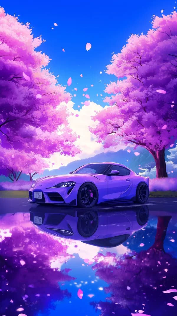 Dreamy Purple Sports Car Under Cherry Blossom Sky Fantasy - HD Wallpaper, 4k Background Image