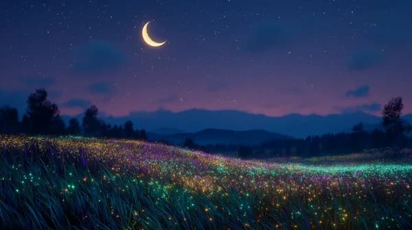 Moonlit Neon Meadow: Dreamy Night Sky Wallpaper for Desktop - HD Wallpaper, 4k Background Image