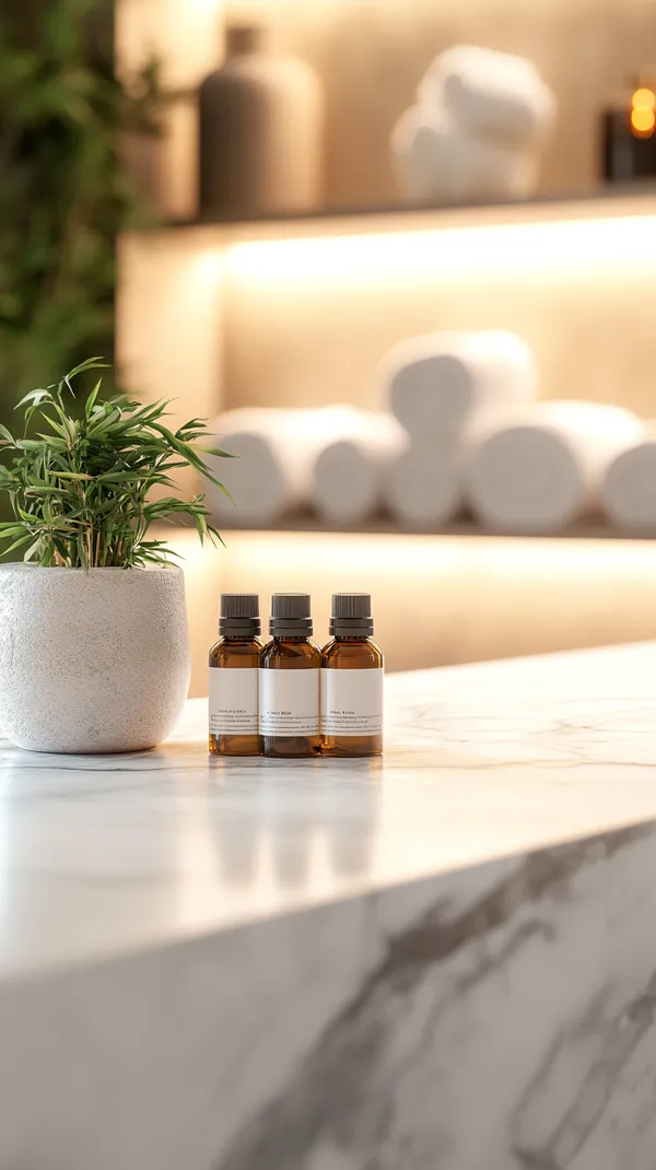 Calming Spa Counter with Plant and Essential Oil Bottles - HD Wallpaper, 4k Background Image