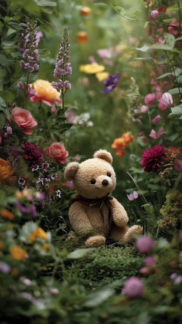Whimsical Teddy Bear in a Blooming Garden Wallpaper - HD Wallpaper, 4k Background Image