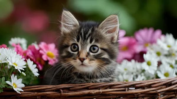 Adorable Fluffy Kitten in Flower Basket Wallpaper with Blooms - HD Wallpaper, 4k Background Image