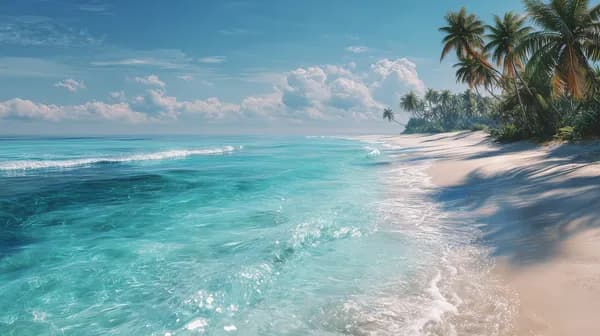 Turquoise Beach Scene with Palm Trees and Sunlit Sand - HD Wallpaper, 4k Background Image