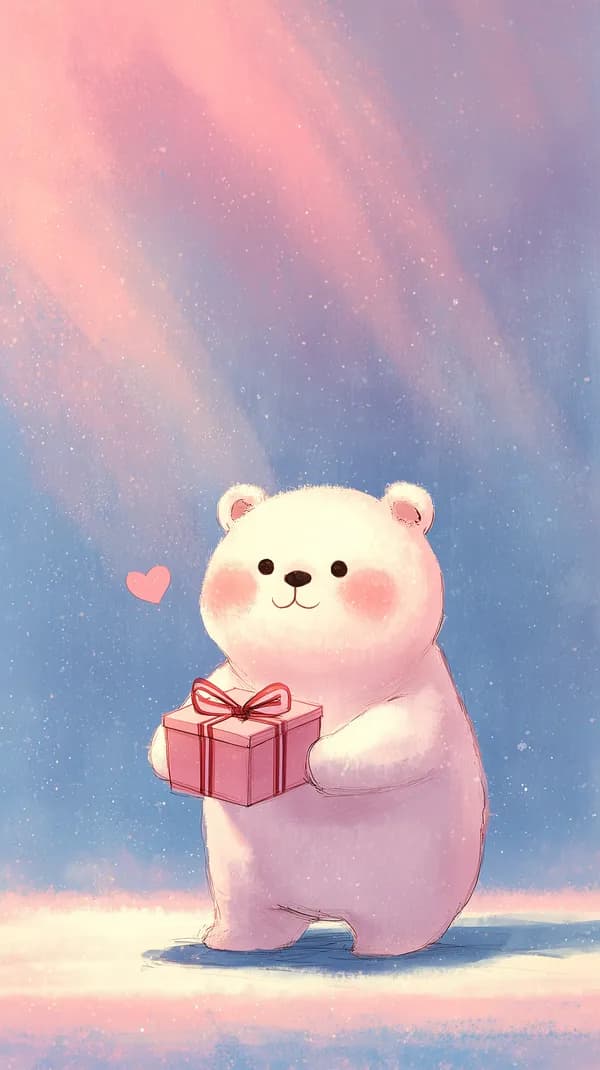 Pastel Bear with Gift: Adorable Snowy Gift-Wallpaper Scene - HD Wallpaper, 4k Background Image