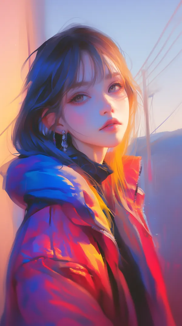 Neon Sunset Portrait in a Colorful Winter Jacket - Digital Art - HD Wallpaper, 4k Background Image