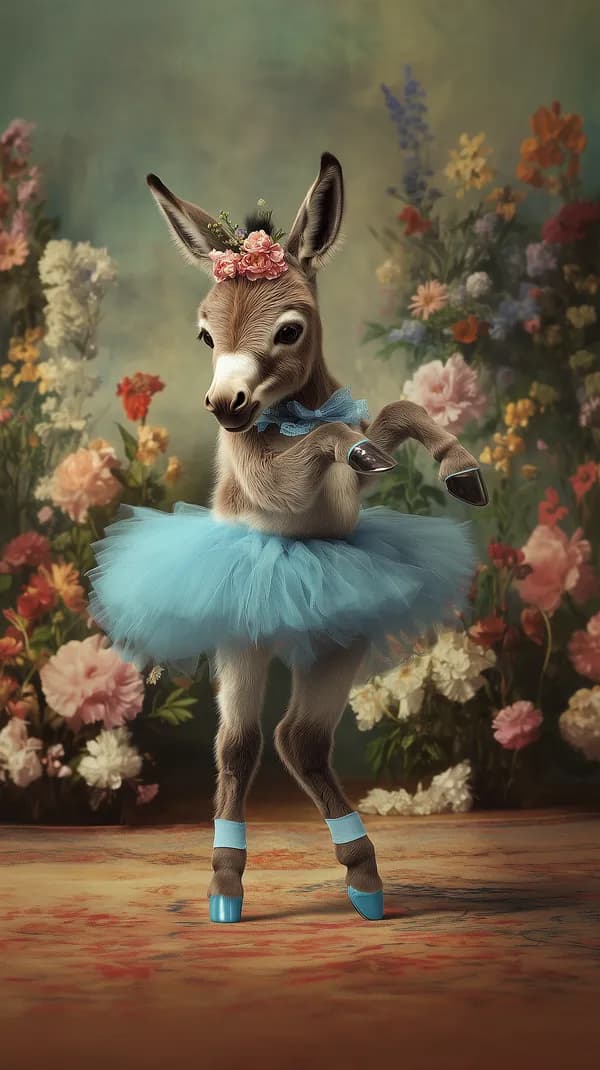 Whimsical Donkey Dancer in Blue Tutu in Floral Garden - HD Wallpaper, 4k Background Image