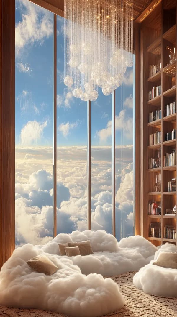 Dreamy Sky Library with Cloud Sofa - Surreal Light Interior Wallpaper - HD Wallpaper, 4k Background Image