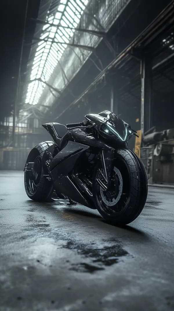 Futuristic Black Sport Motorcycle in Industrial Warehouse - HD Wallpaper, 4k Background Image