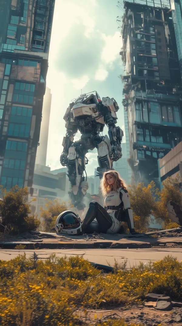 Post-Apocalyptic Cityscape: Woman and Giant Mech Amid Ruins - HD Wallpaper, 4k Background Image