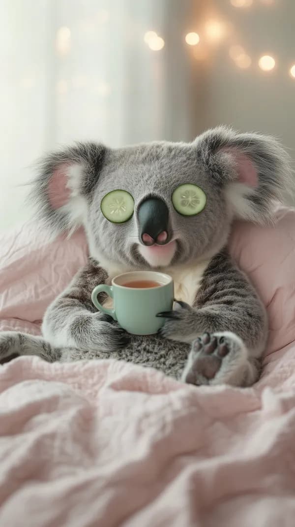 Cozy Koala Plush with Tea — Cute Relaxing Wallpaper - HD Wallpaper, 4k Background Image