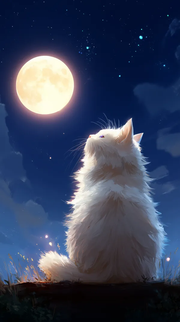 Moonlit Cat Beneath a Starry Sky: Dreamy Nighttime Wallpaper - HD Wallpaper, 4k Background Image