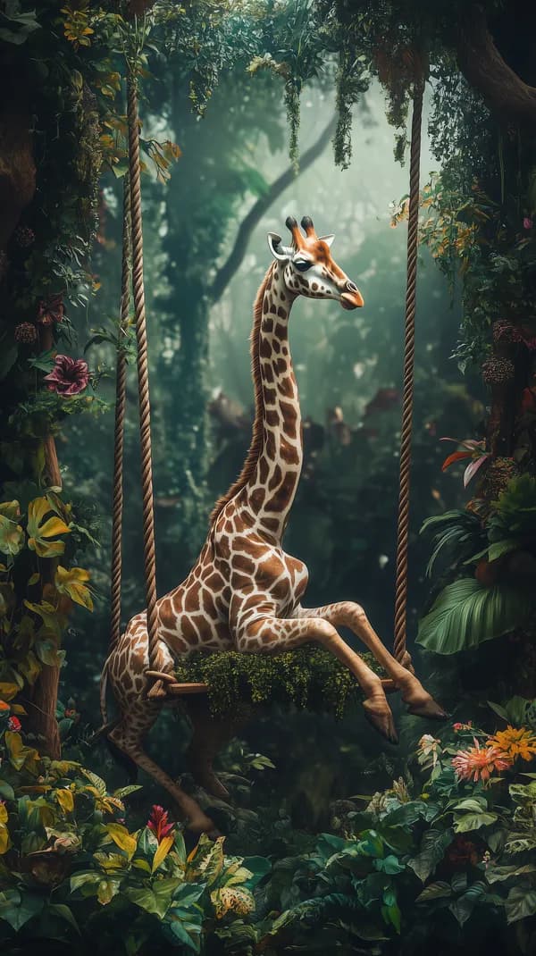 Whimsical Jungle Giraffe on a Swing in Lush Forest - HD Wallpaper, 4k Background Image
