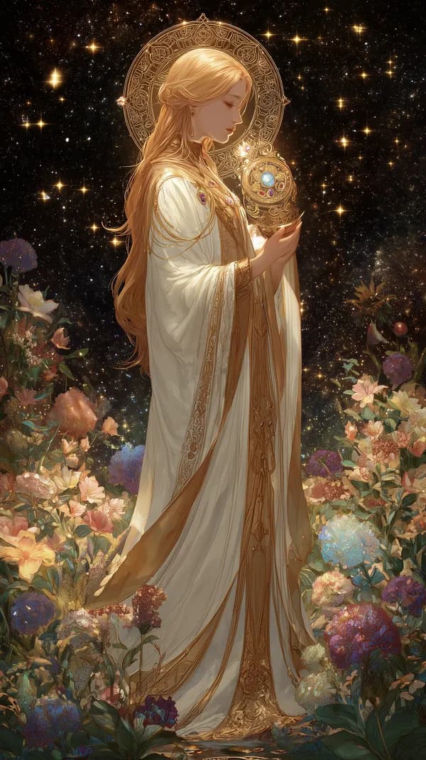 Celestial Goddess in a Golden Robe Among Starry Blooms - HD Wallpaper, 4k Background Image