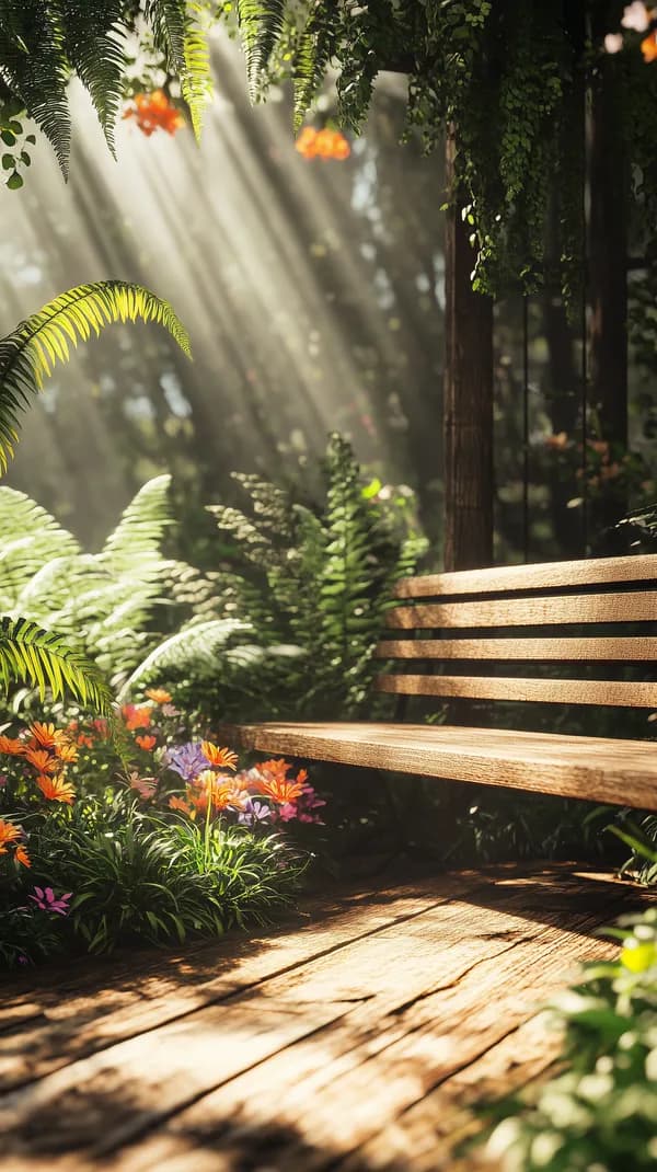 Sunlit Garden Bench Surrounded by Ferns and Bright Flowers - HD Wallpaper, 4k Background Image