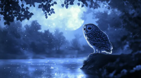 Moonlit Night Owl by the Lake on a Silvery Rock Under Moonlight - HD Wallpaper, 4k Background Image