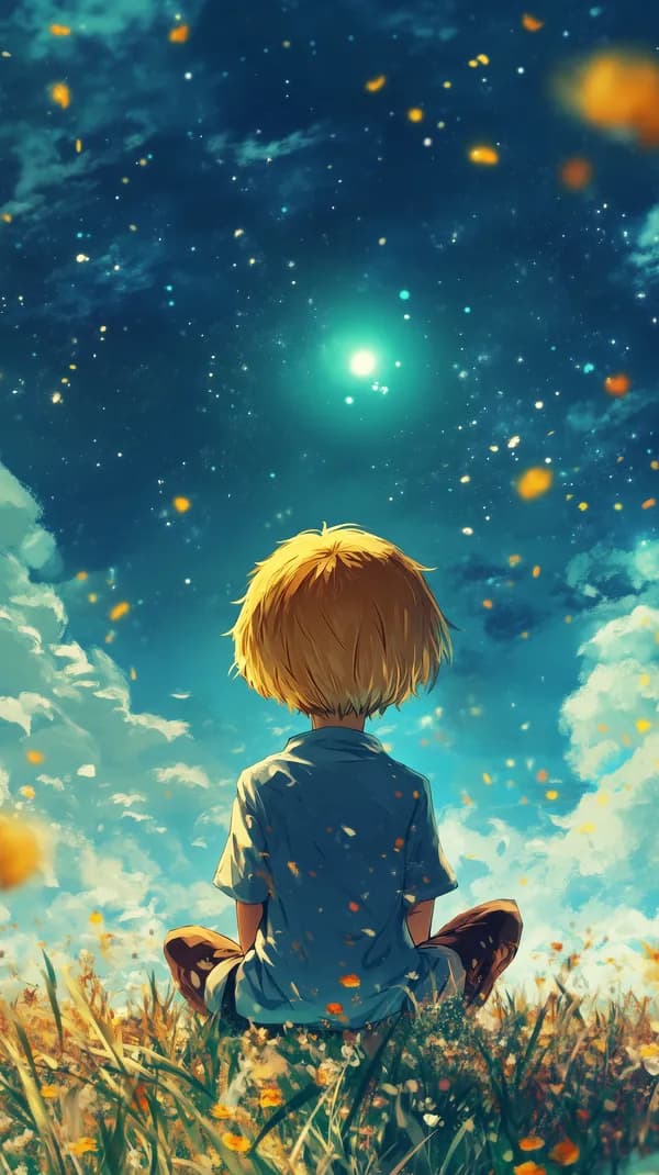 Dreamy Night Sky Child Sitting in Golden Field Wallpaper - HD Wallpaper, 4k Background Image