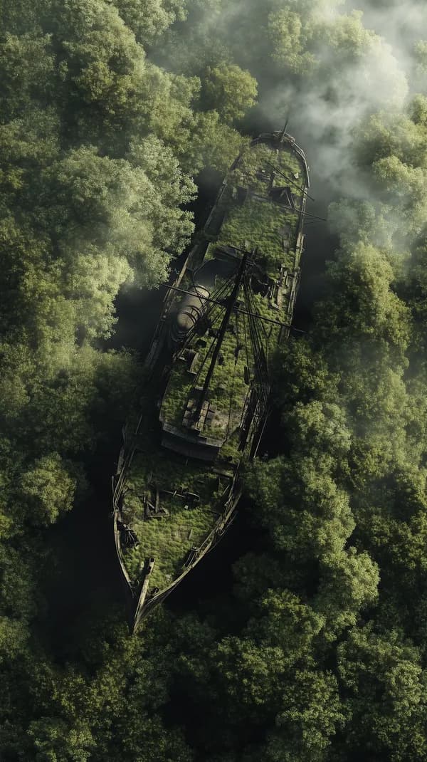 Overgrown Shipwreck in Misty Forest - Aerial Wallpaper - HD Wallpaper, 4k Background Image