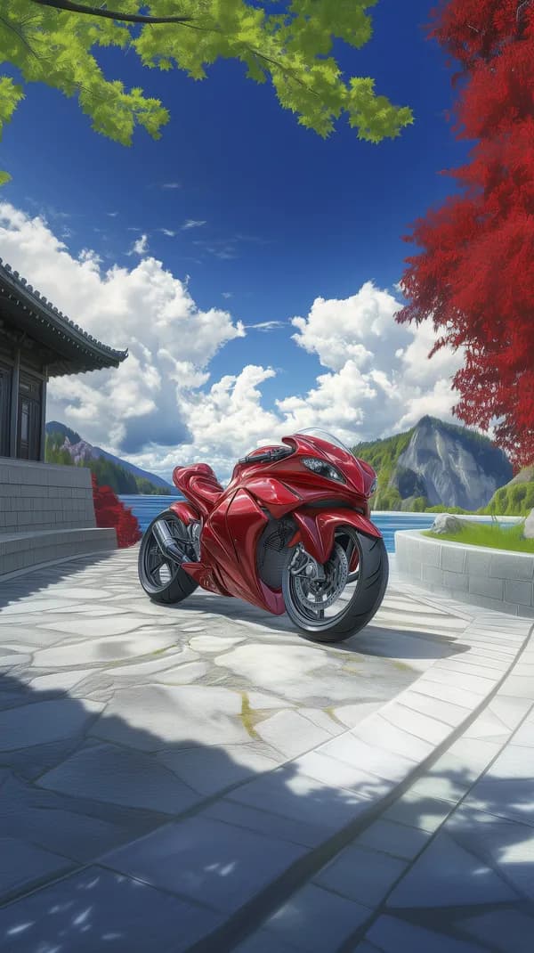 Red sport motorcycle on scenic terrace with lush landscape - HD Wallpaper, 4k Background Image