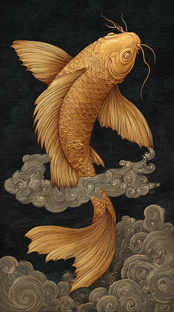 Golden Koi Fish Illustration on Dark Swirl Background - HD Wallpaper, 4k Background Image