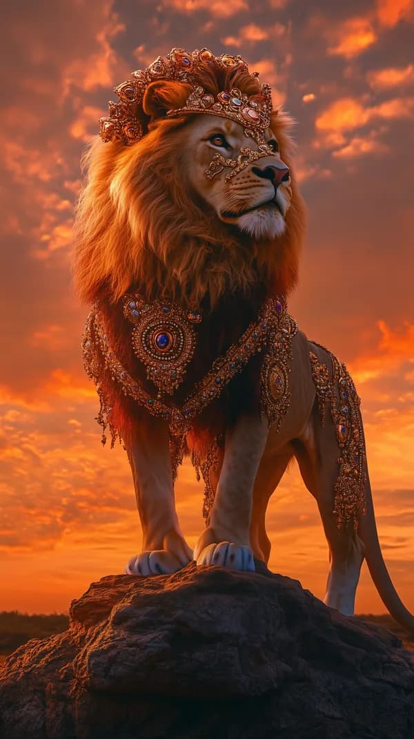 Regal Jewel-Crowned Lion Standing on Rock at Sunset - HD Wallpaper, 4k Background Image