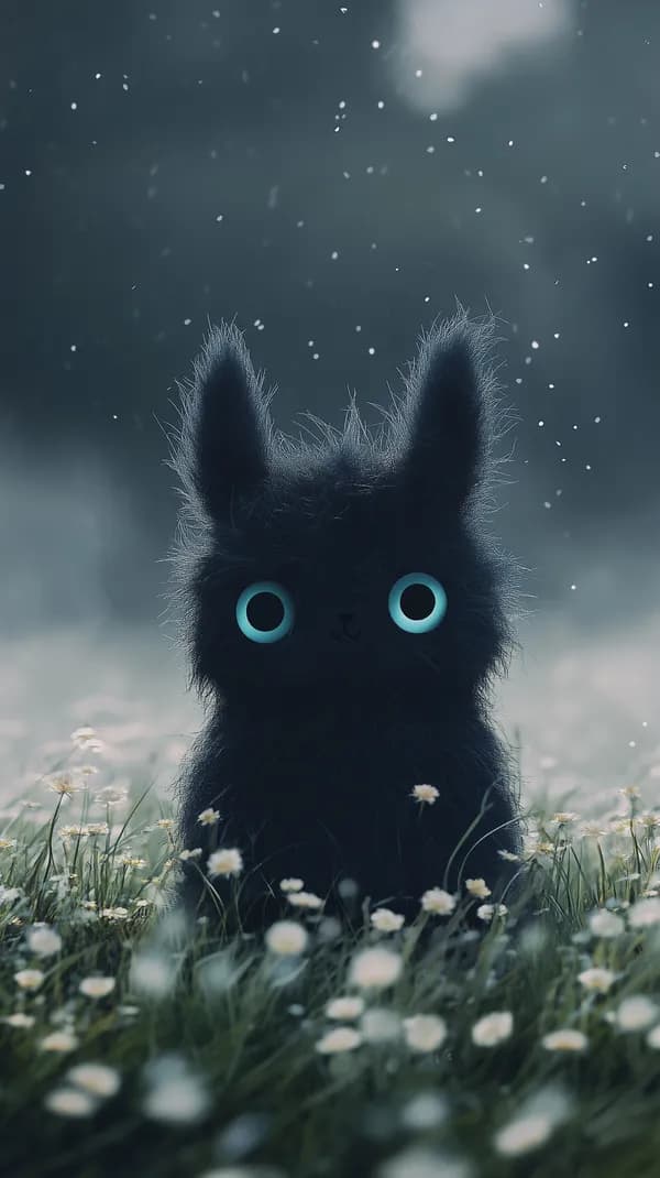 Dreamy Fluffy Black Cat in a Moonlit Meadow of Daisies - HD Wallpaper, 4k Background Image