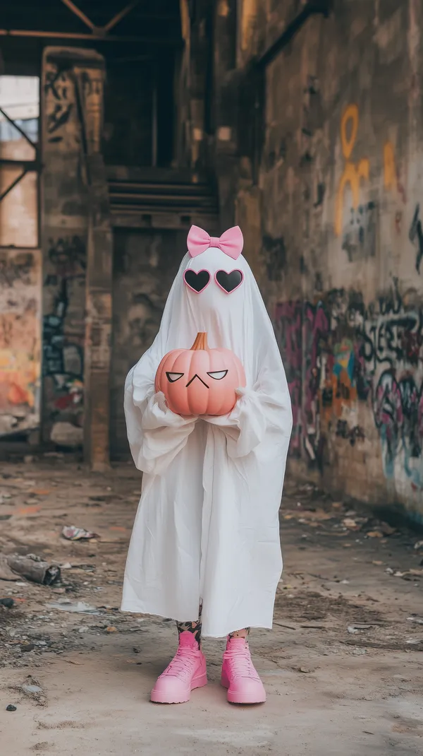 Whimsical Ghost Costume with Pumpkin Prop in Urban Alley - HD Wallpaper, 4k Background Image