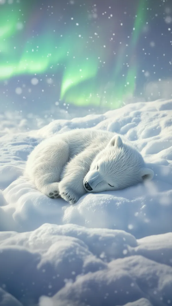 Sleeping Polar Bear Cub Beneath the Green Aurora - HD Wallpaper, 4k Background Image