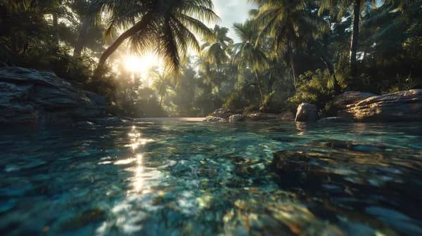 Tropical Palm-Fringed Beach at Sunrise over Clear Water - HD Wallpaper, 4k Background Image