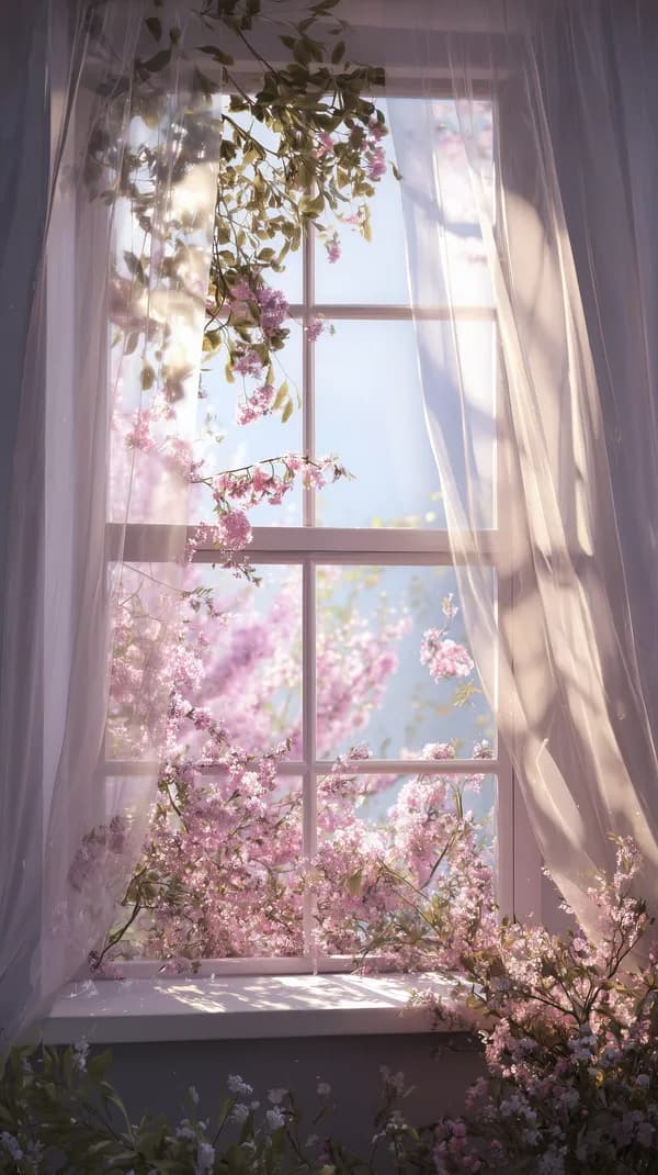 Dreamy Window with Pink Blossoms and Soft Sheer Curtains - HD Wallpaper, 4k Background Image