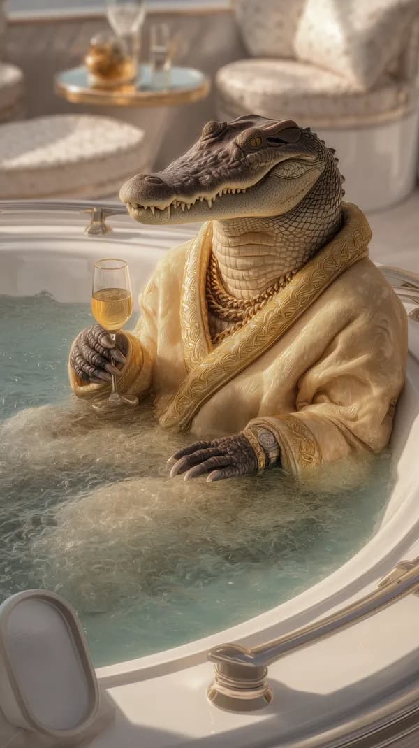 Luxurious Alligator in Silk Robe Sips Champagne in a Spa Tub - HD Wallpaper, 4k Background Image