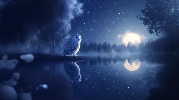 Moonlit Night Owl by Serene Blue Lake – Dreamy Wallpaper - HD Wallpaper, 4k Background Image